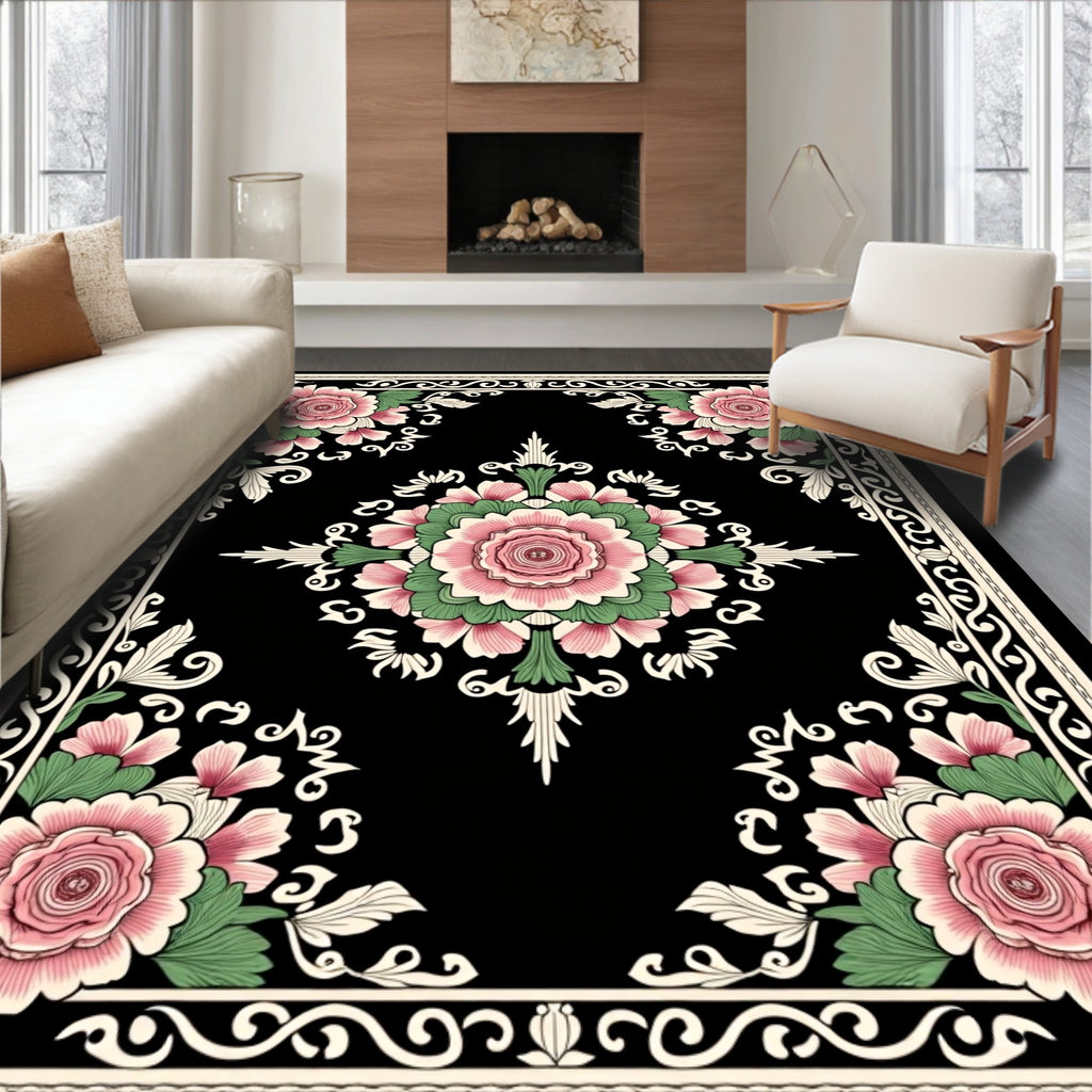 Pink Floral Black Border Art Rug
