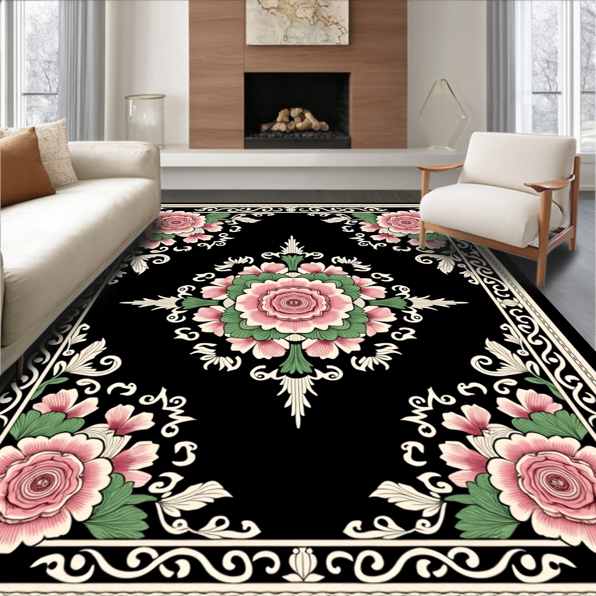 Pink Floral Black Border Art Rug