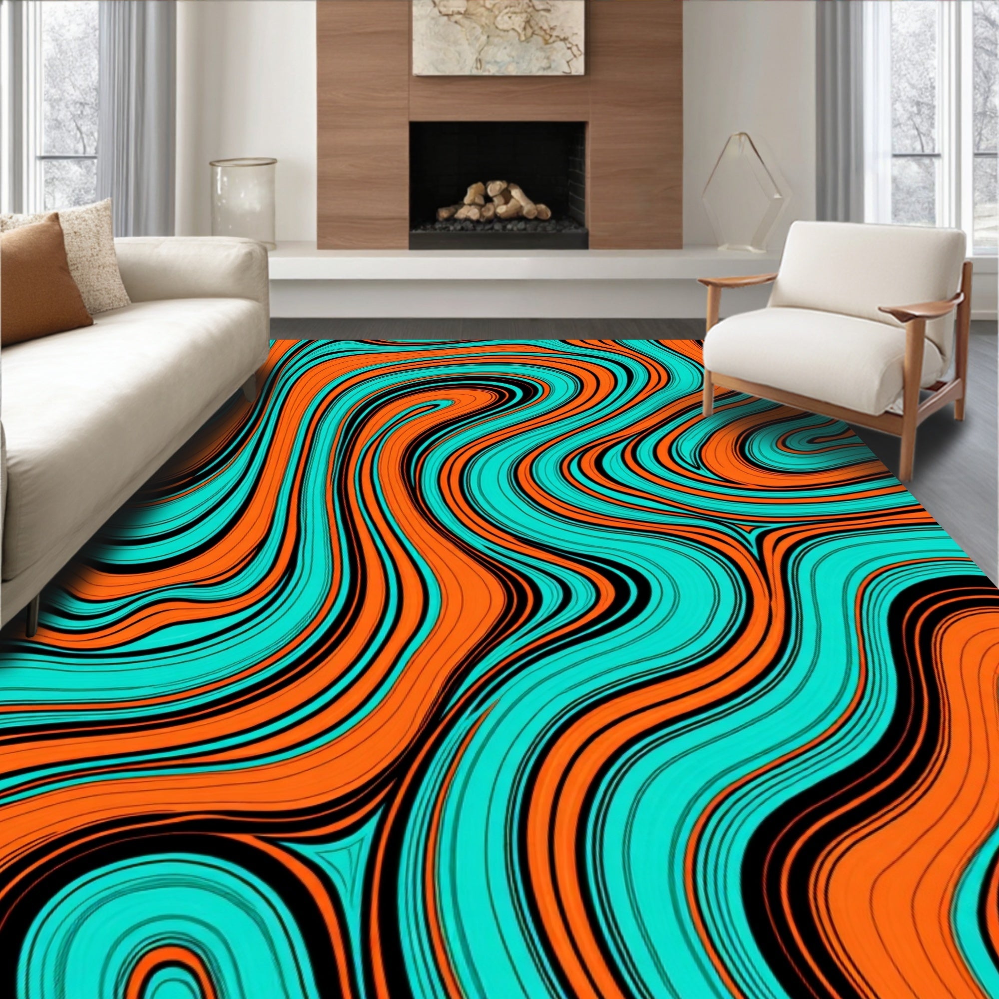 Vibrant Wavy Orange Teal Stripe Pattern Rug