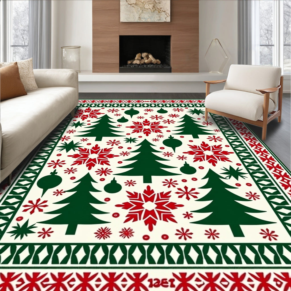 Christmas Trees Snowflakes Folk Art Rug