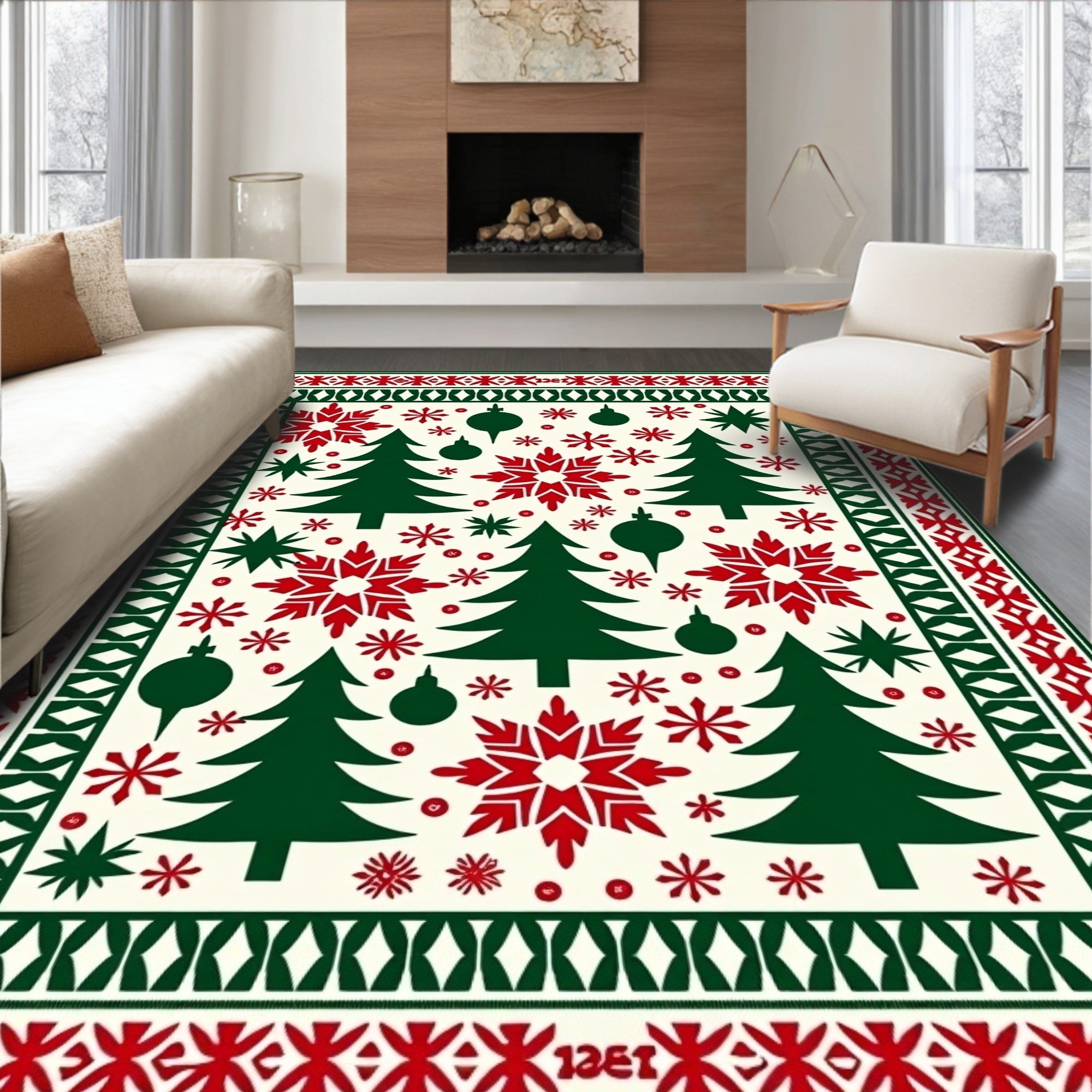 Christmas Trees Snowflakes Folk Art Rug