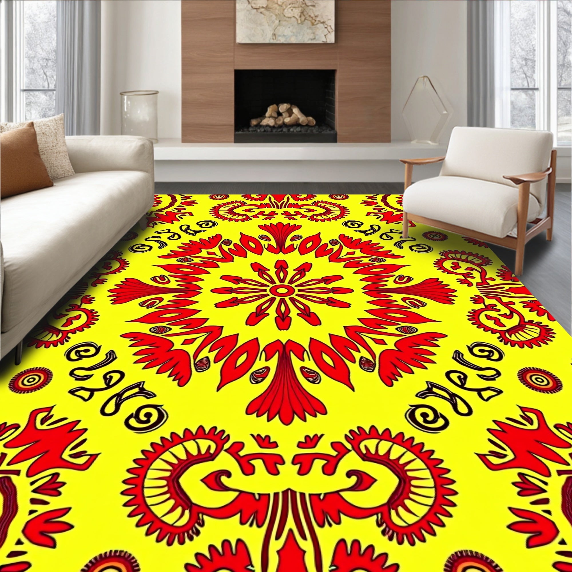 Vibrant Red Sunburst Floral Pattern Rug