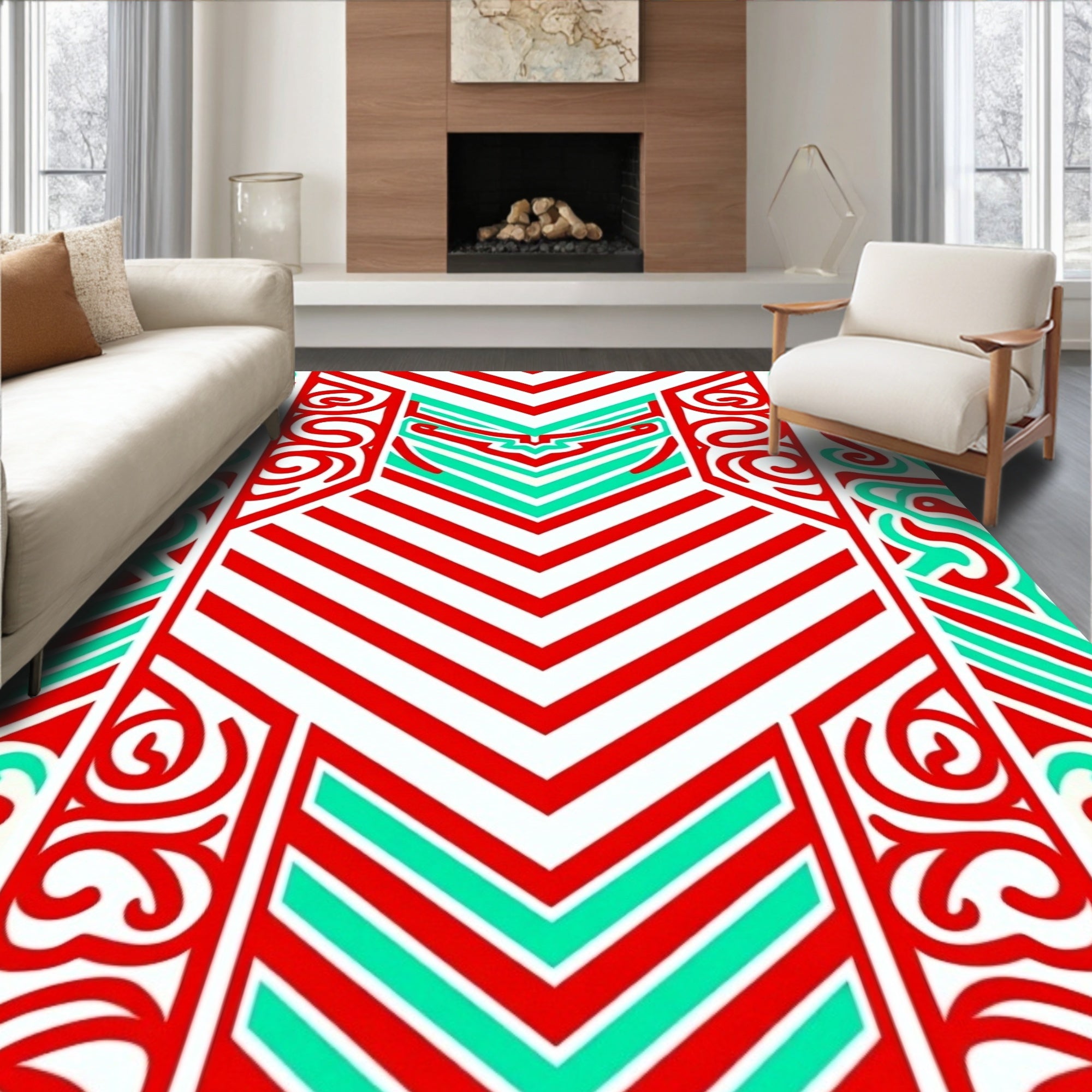 Bold Red Teal Geometric Swirls Rug