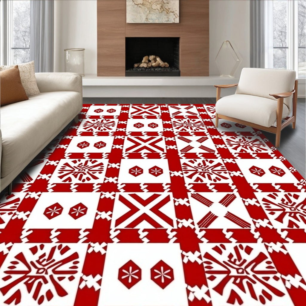 Red White Geometric Pattern Rug