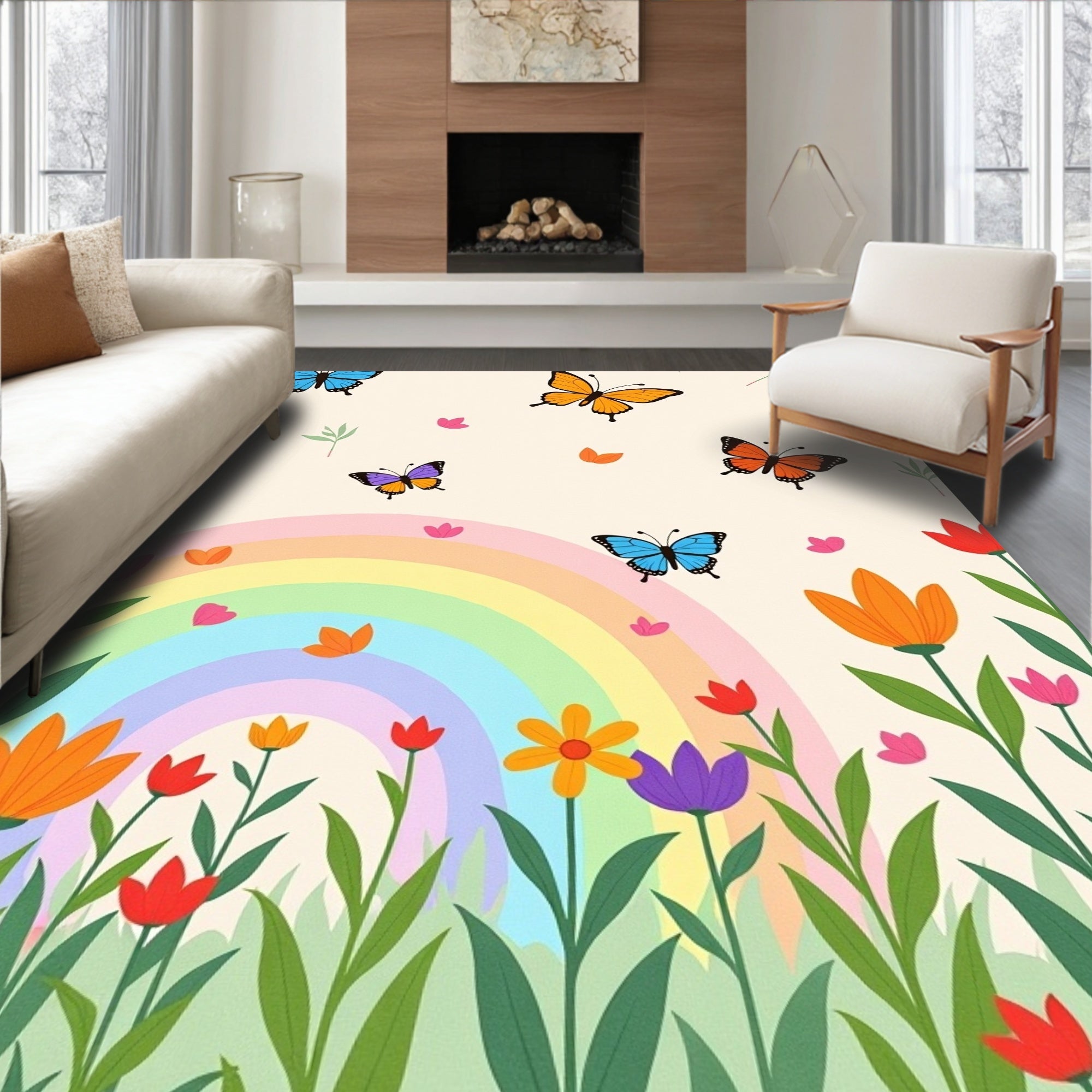 Rainbow Butterfly Floral Garden Rug