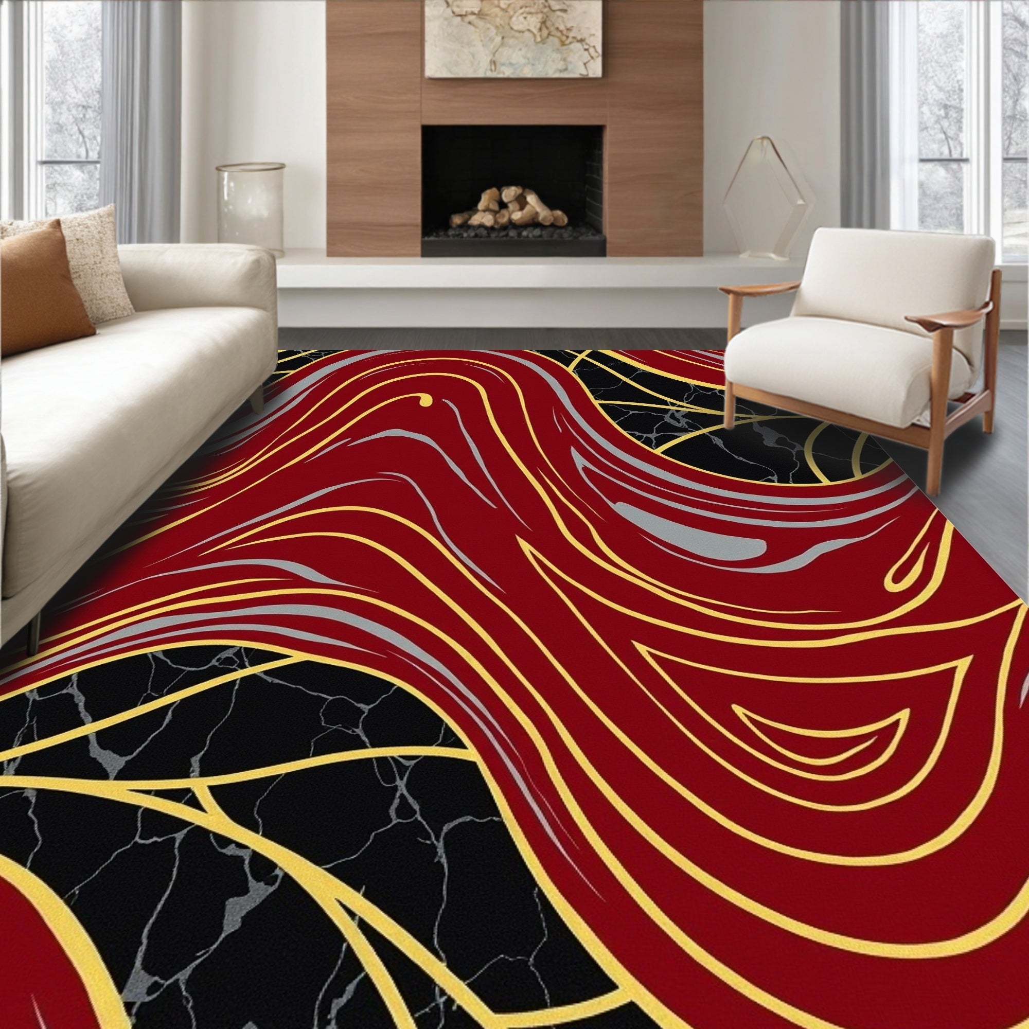 Crimson Gold Swirl Marble Pattern Rug