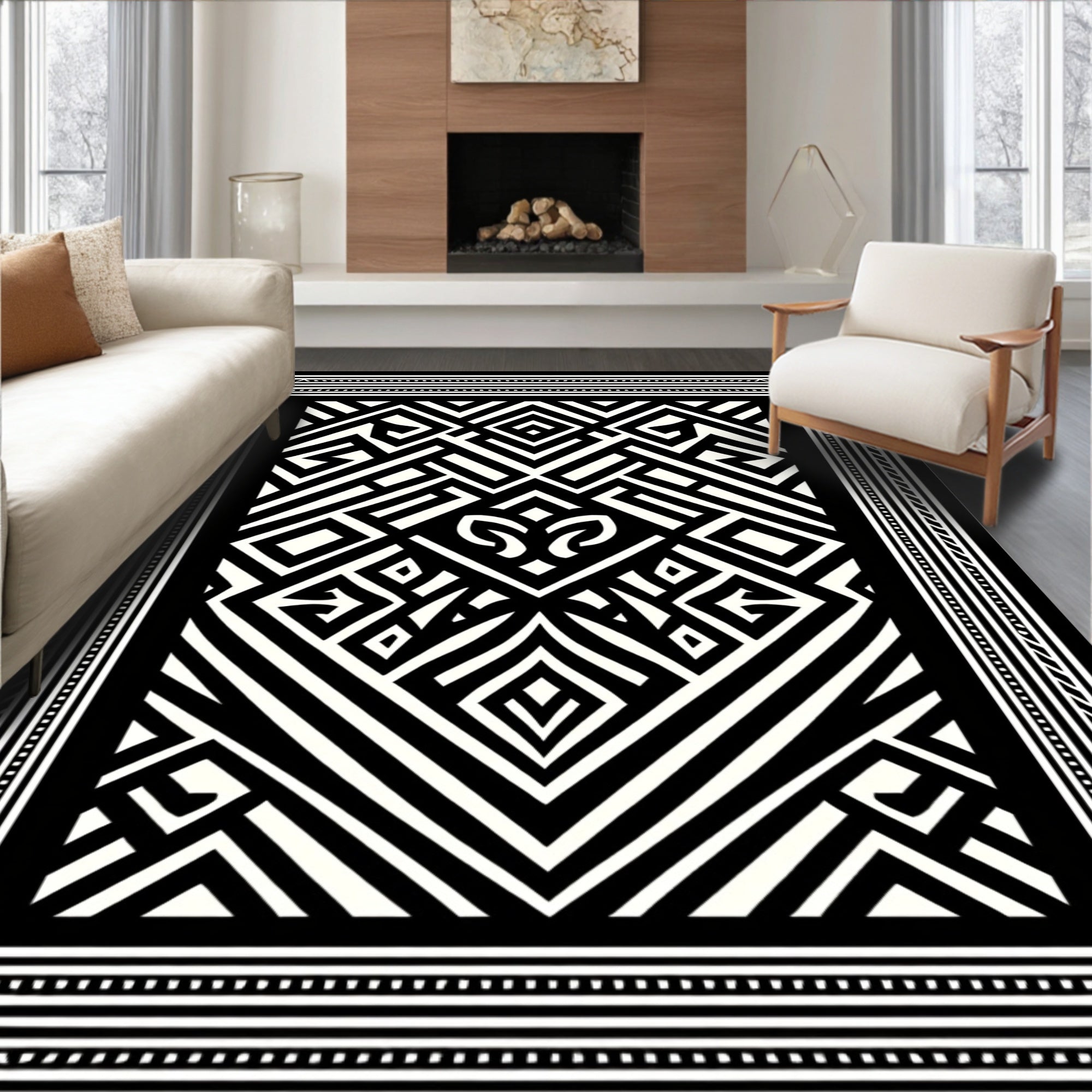 Bold Black and White Geometric Maze Rug