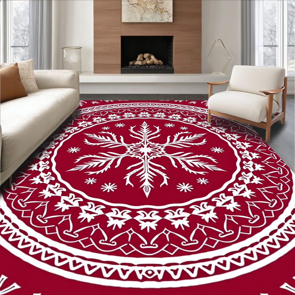 Crimson Scandinavian Snowflake Mandala Design Rug