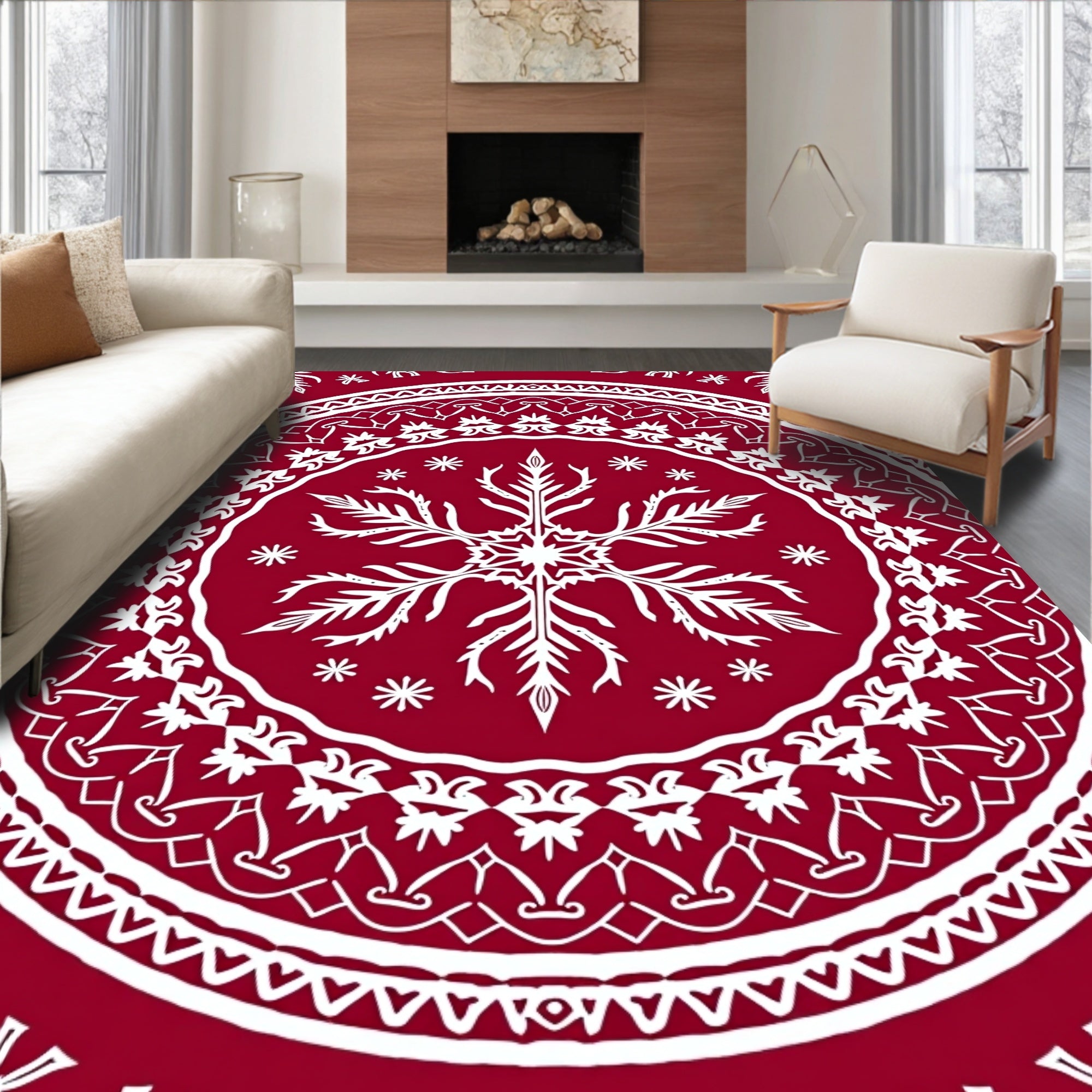Crimson Scandinavian Snowflake Mandala Design Rug
