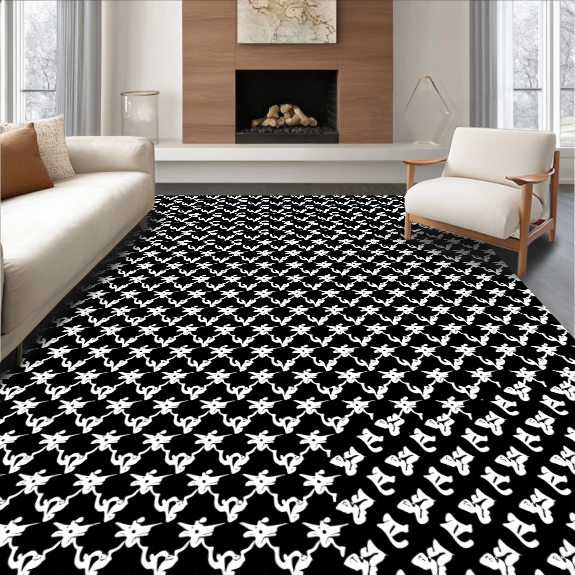 White Abstract Floral Repeat Rug