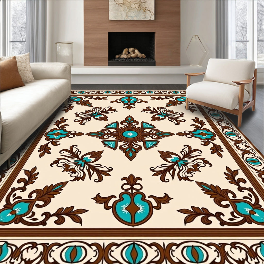 Ornate Turquoise Brown Floral Pattern Rug