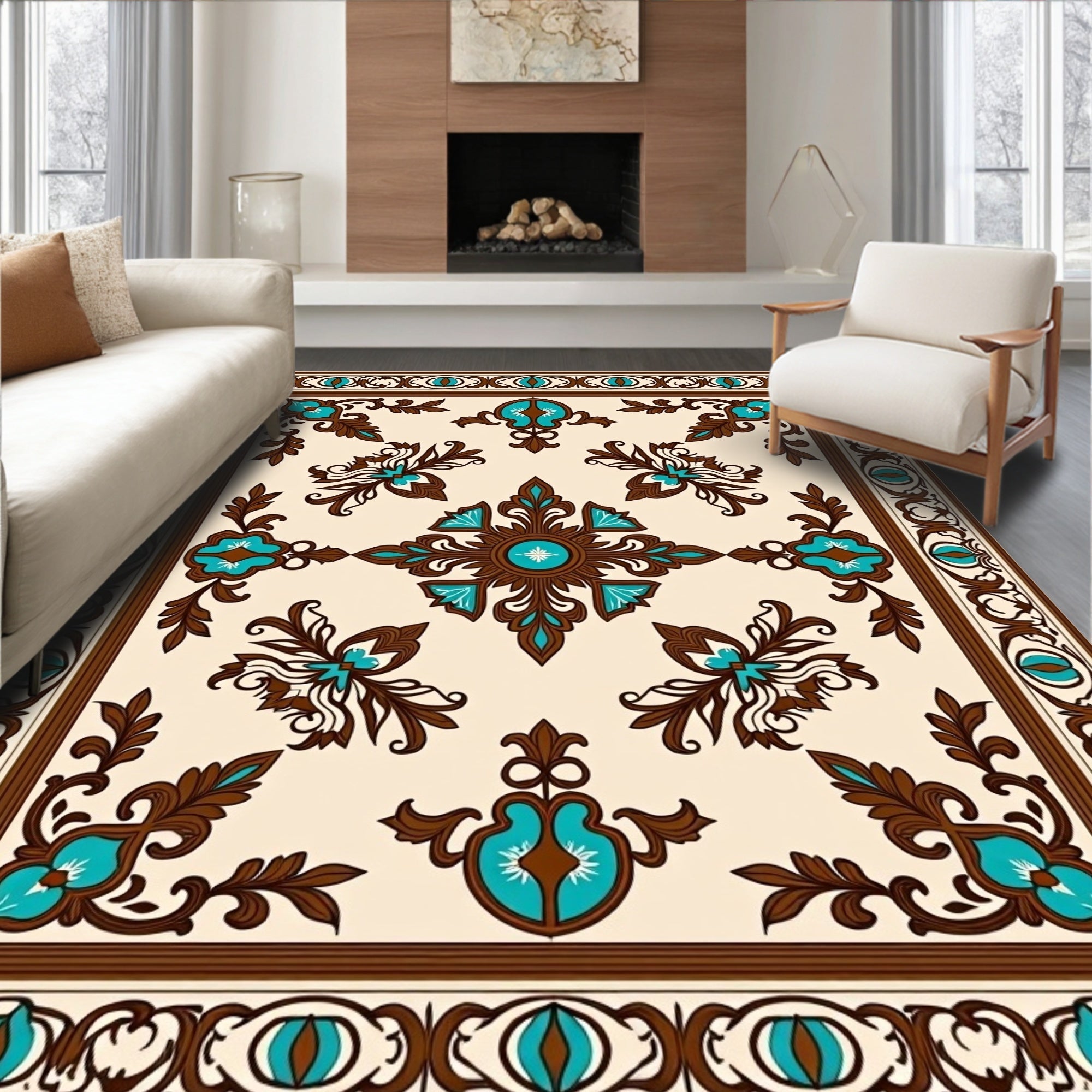 Ornate Turquoise Brown Floral Pattern Rug