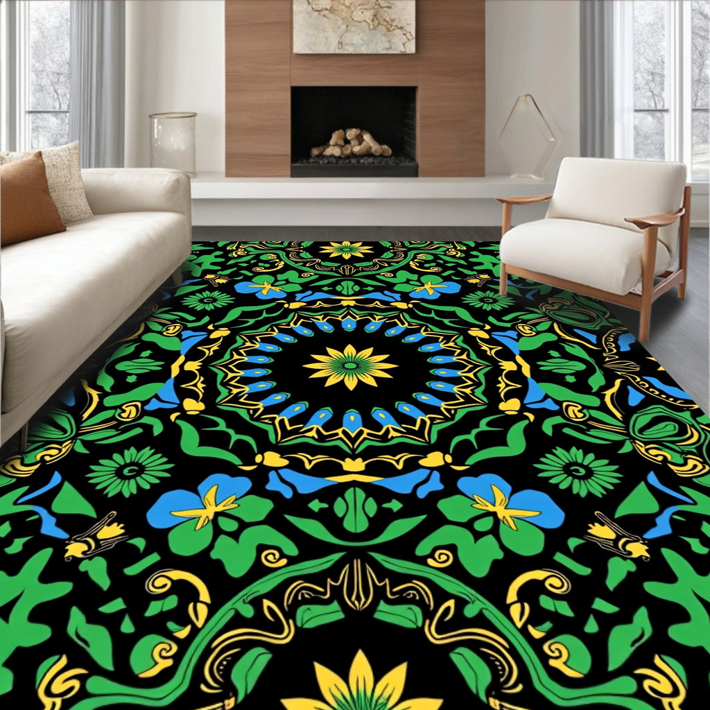 Vibrant Black Green Floral Mandala Rug