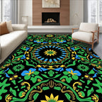 Vibrant Black Green Floral Mandala Rug