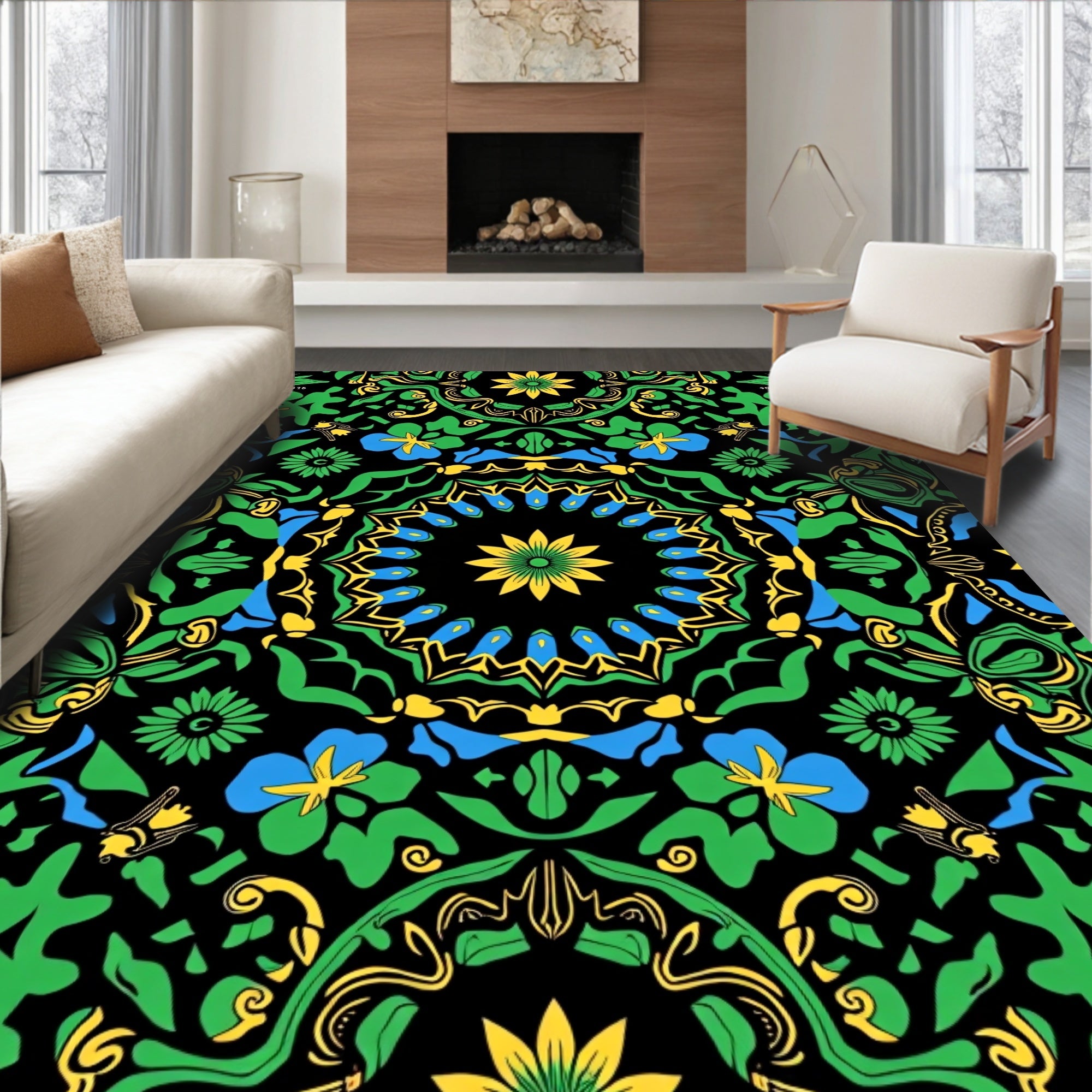 Vibrant Black Green Floral Mandala Rug