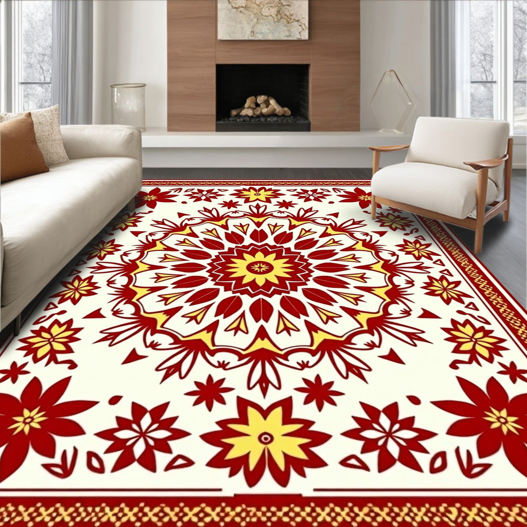 Floral Mandala Design Red Yellow Rug