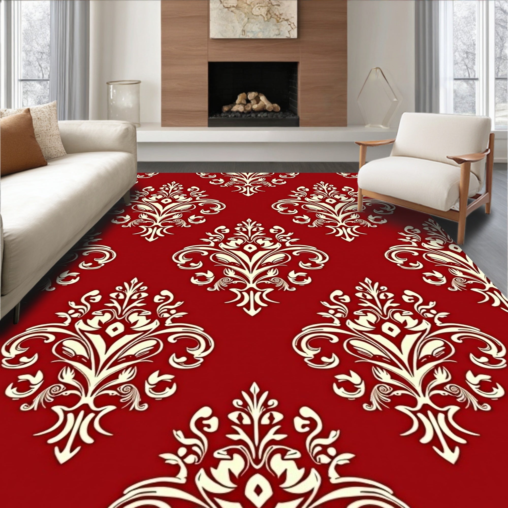 Royal Red Ivory Damask Pattern Rug