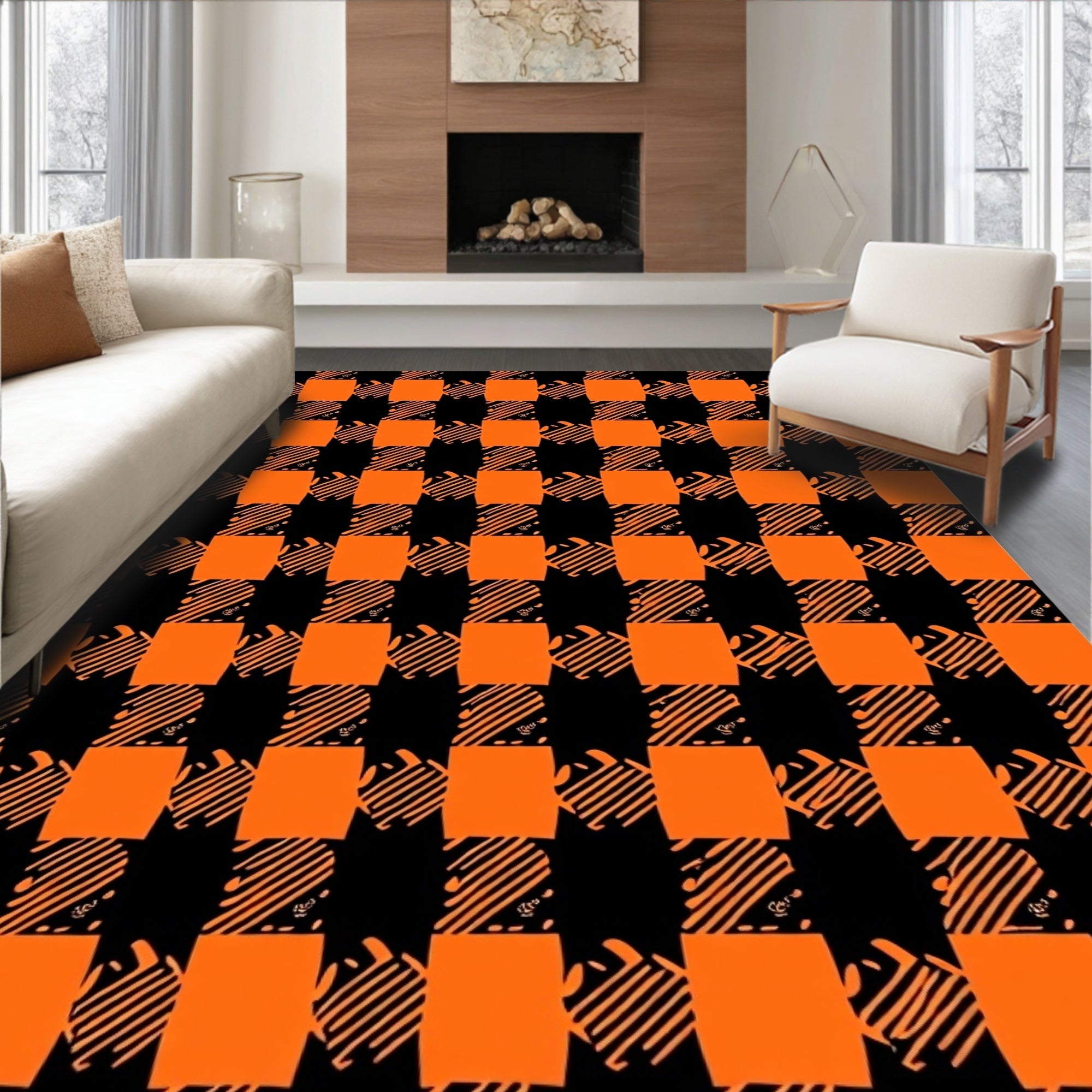 Bold Orange Black Checkered Pattern Rug