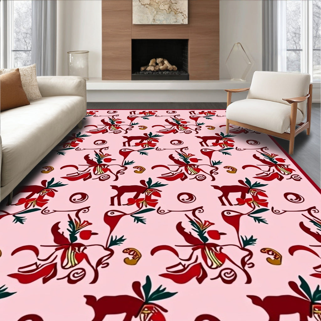 Whimsical Red Deer Floral Garden Rug