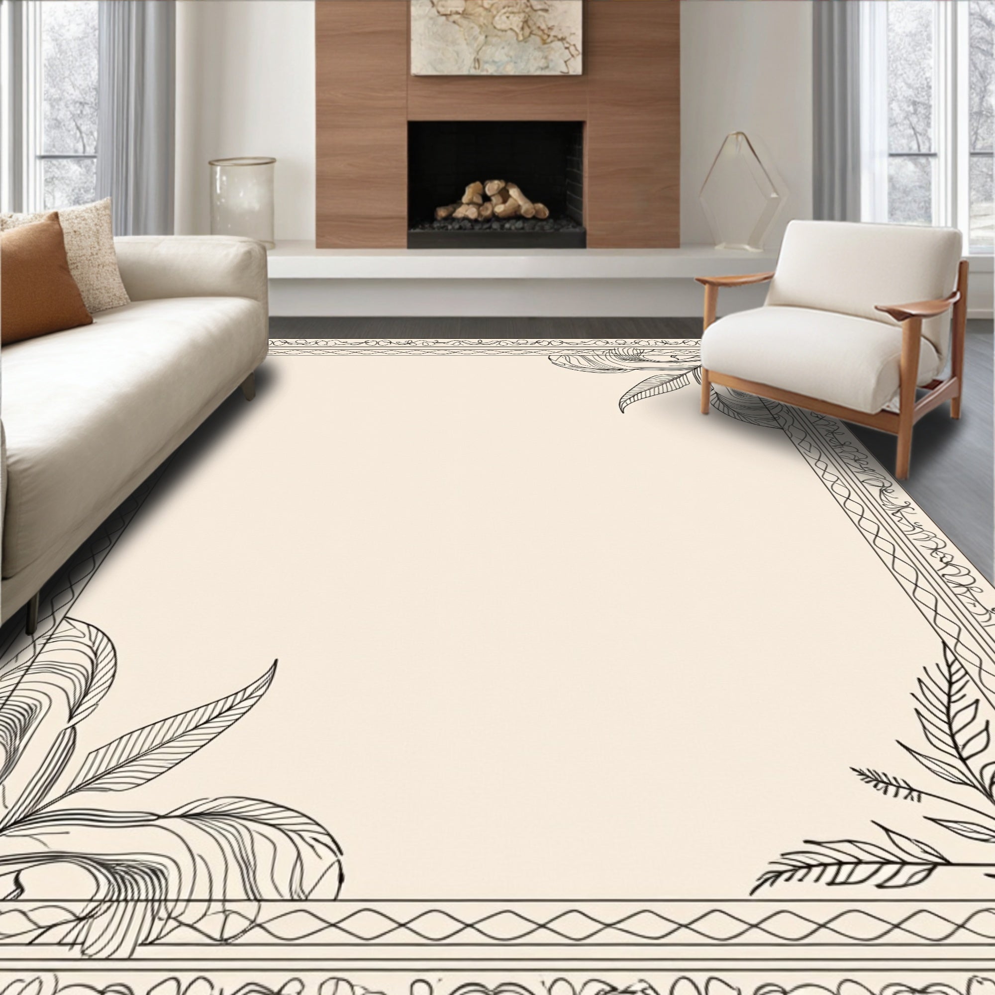 Elaborate Outline Leaf Border Design Rug