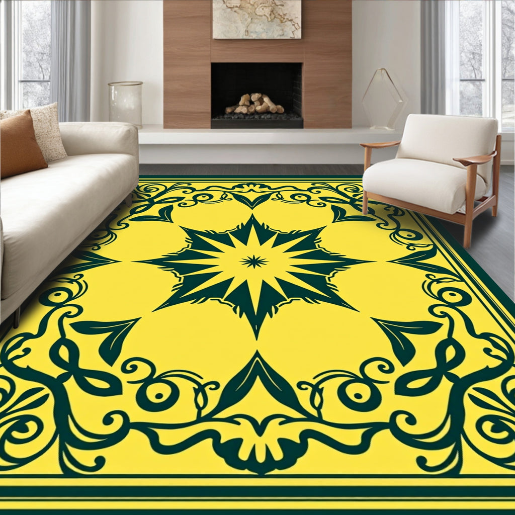 Bold Dark Green Yellow Floral Medallion Rug