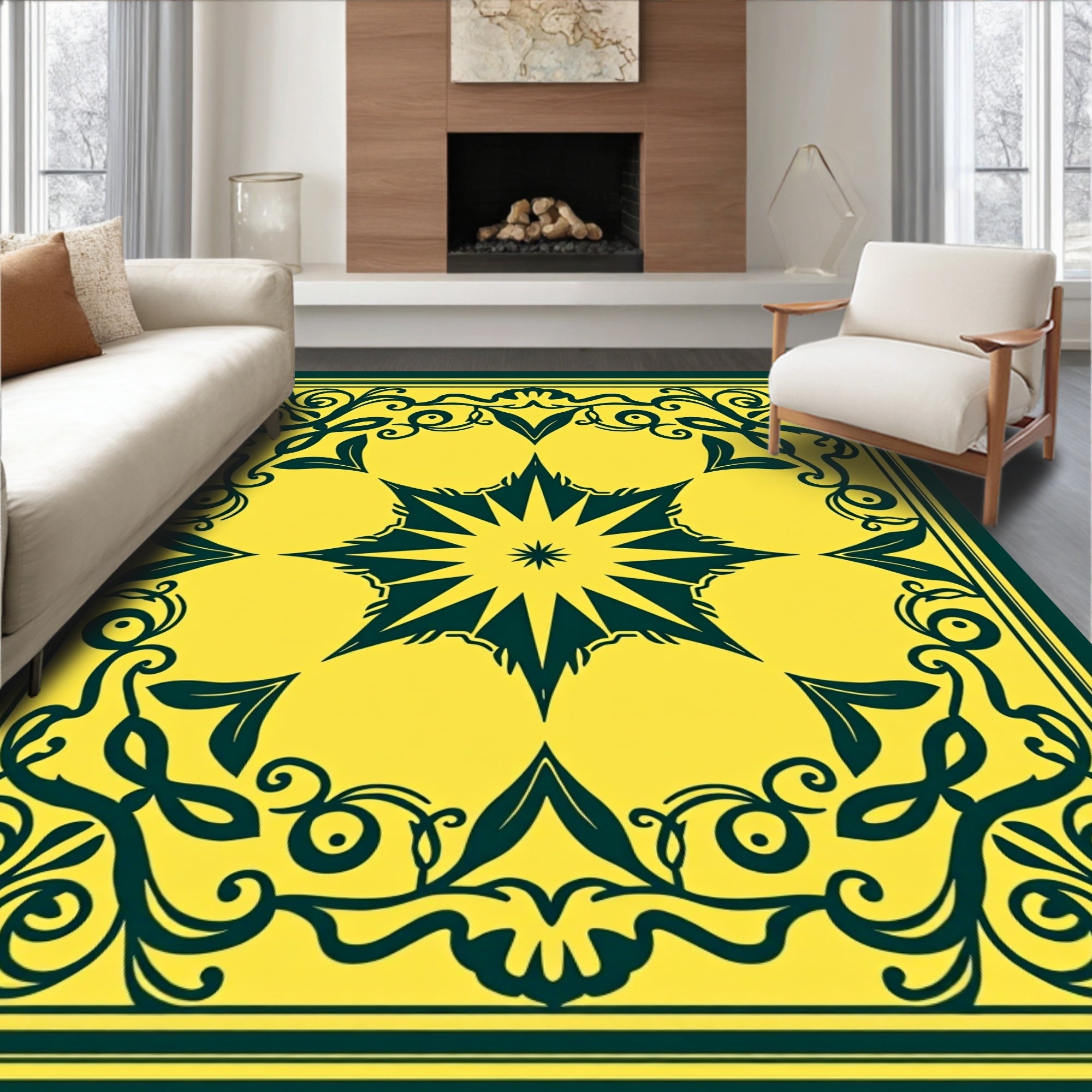 Bold Dark Green Yellow Floral Medallion Rug