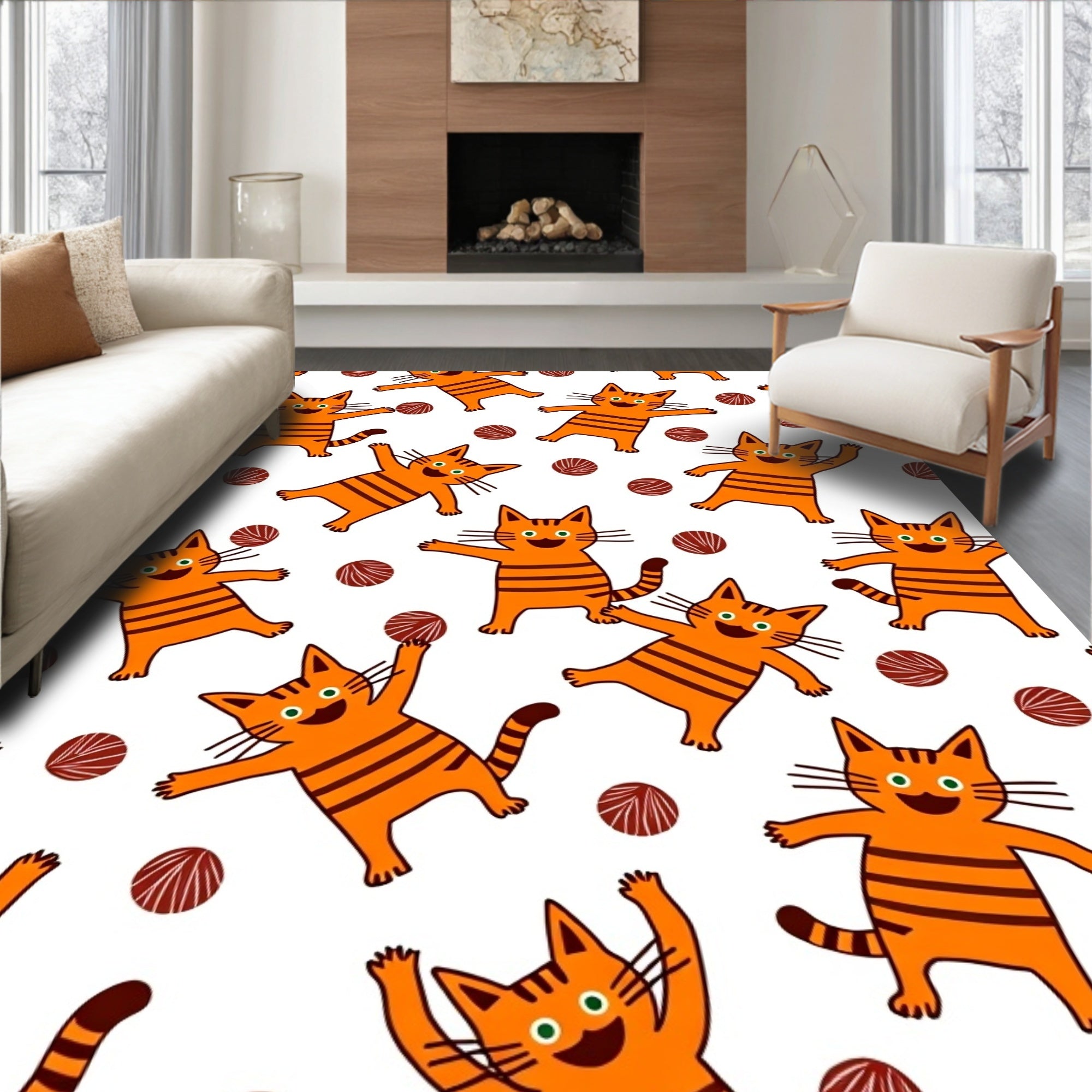 Playful Orange Cats Balls Pattern Rug