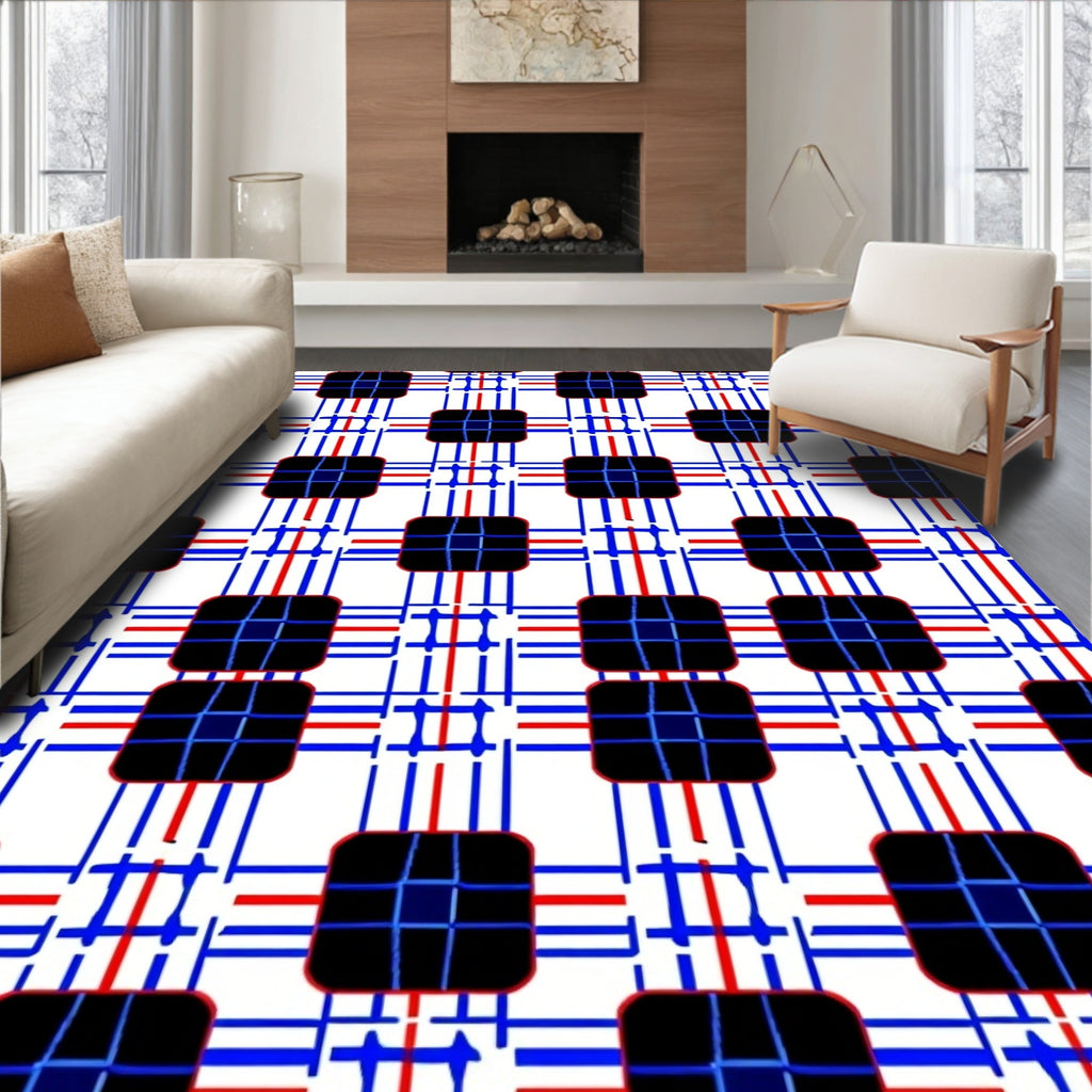 Crimson Blue White Grid Squares Rug