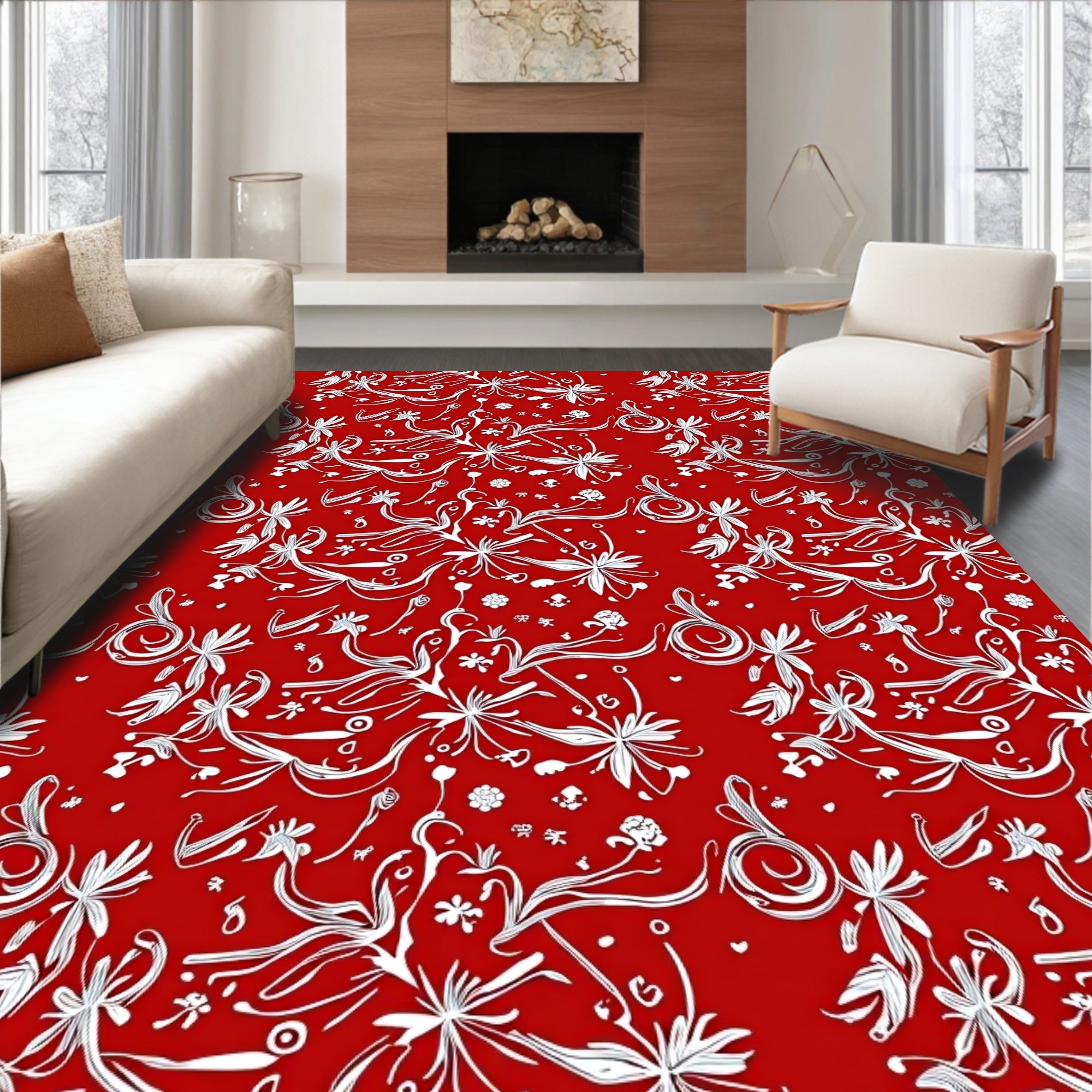 Red Floral Vine Whimsical Pattern Rug