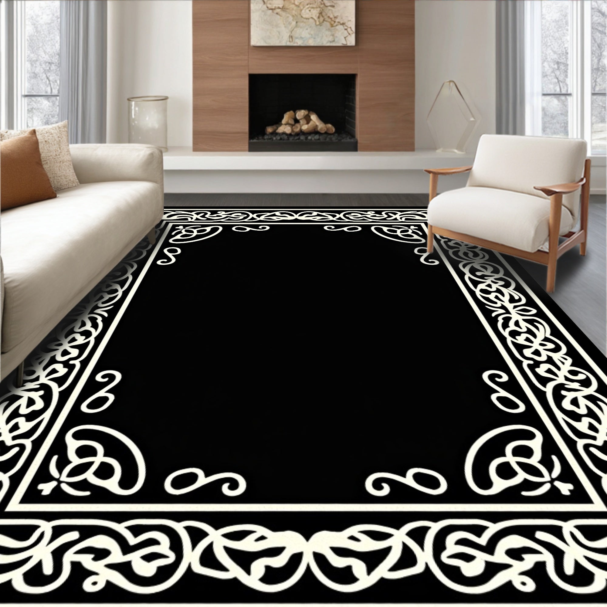 Intricate White Floral Scroll Frame Design Rug