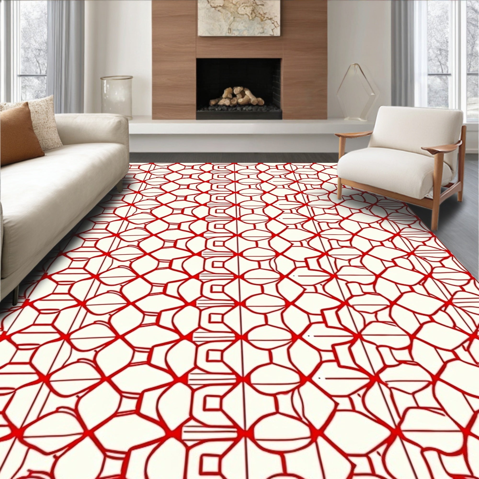 Bold Red Geometric Lattice Pattern Rug