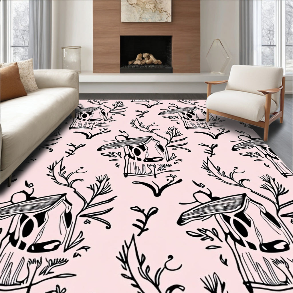 Hand-Drawn Whimsical Birdhouse Botanical Pattern Rug