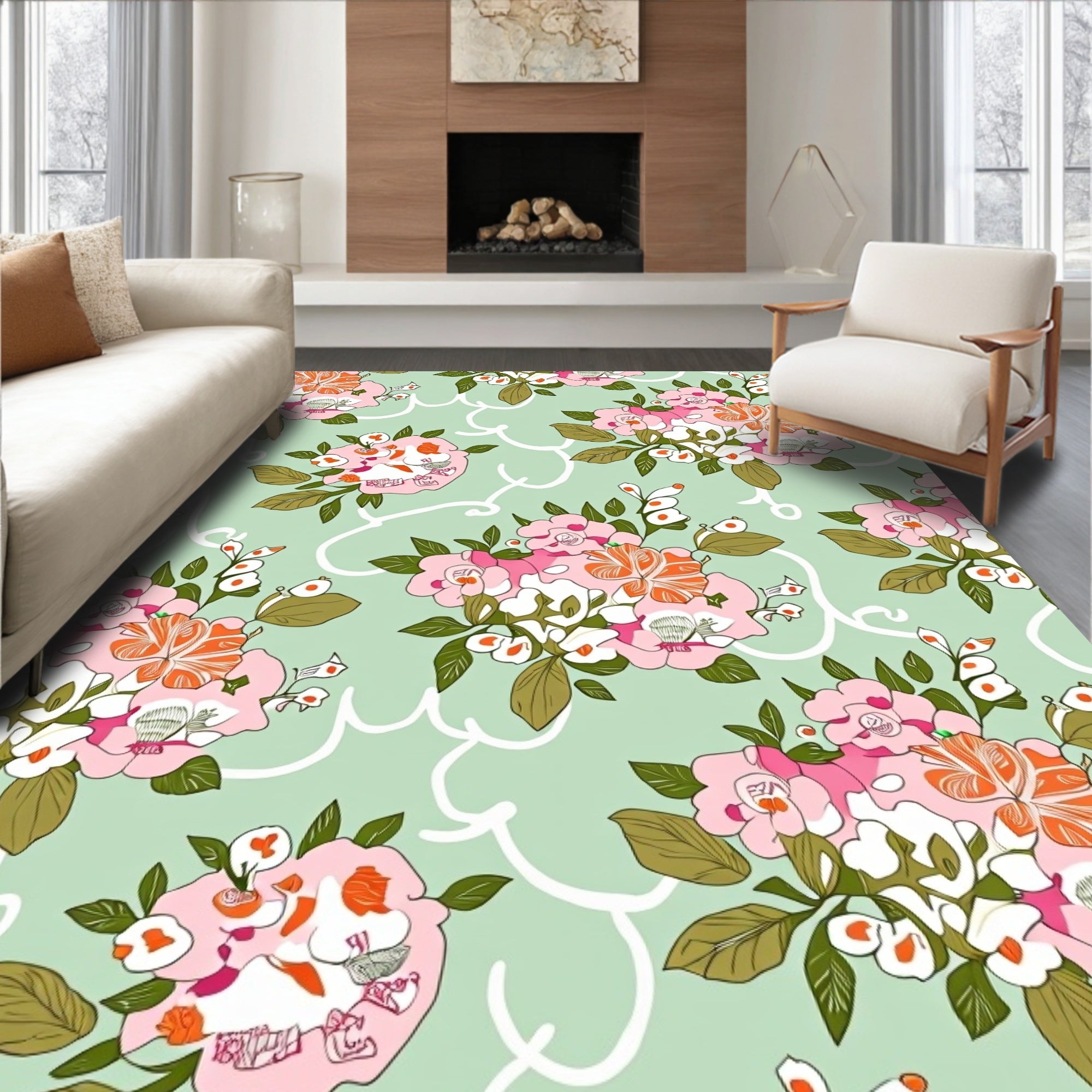 Pastel Floral Pattern with Scalloped Accents Rug