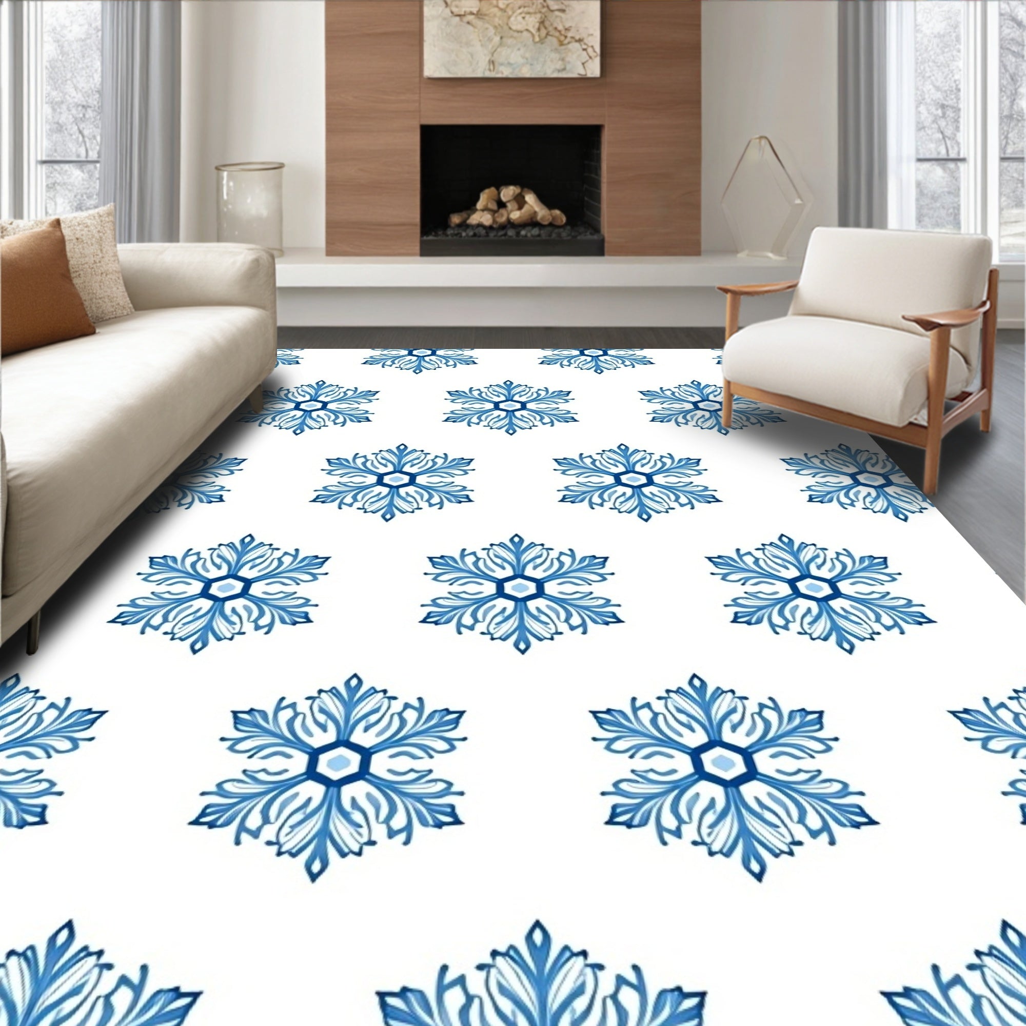 Blue Floral Hexagonal Pattern Rug