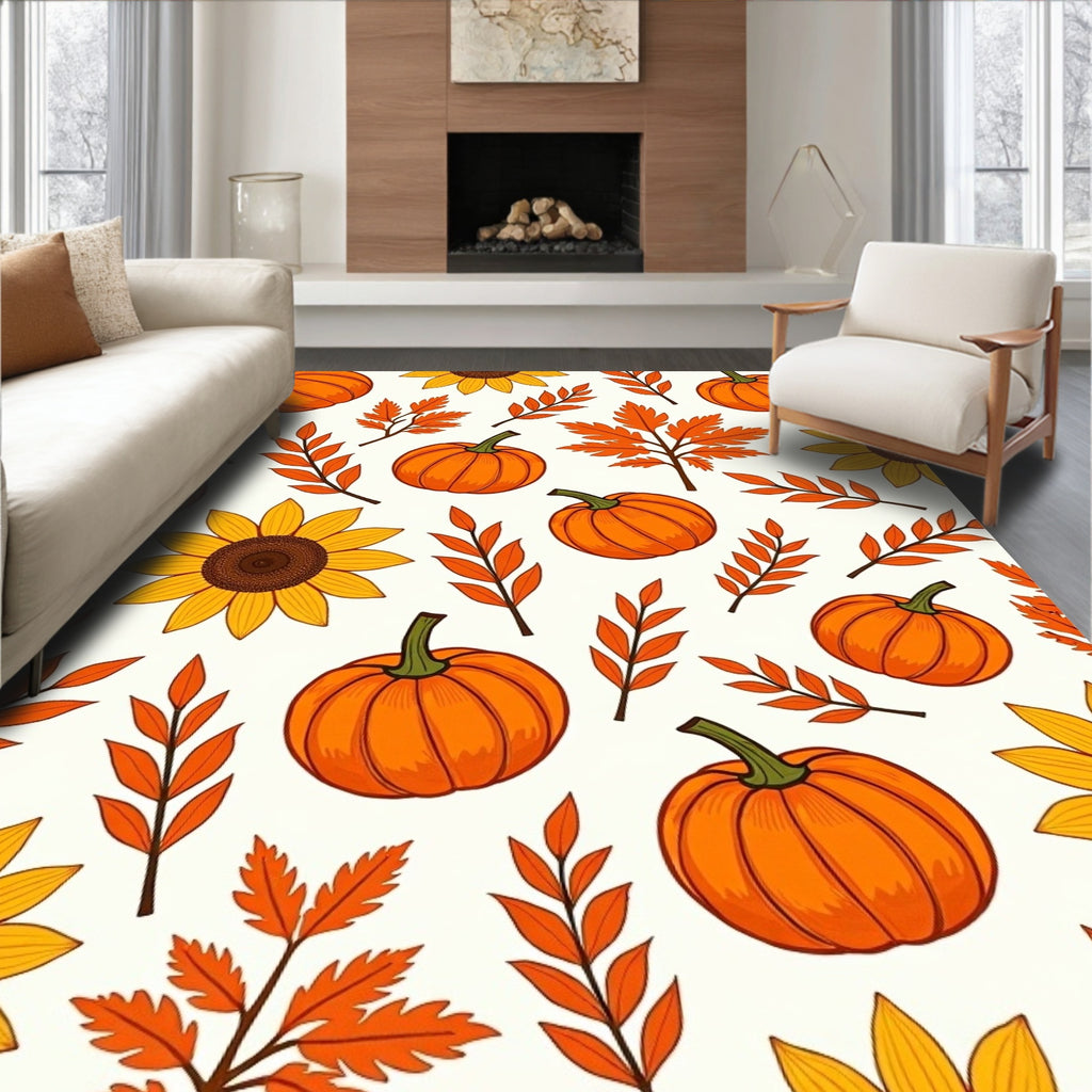 Whimsical Pumpkin Sunflower Leaf Print Rug