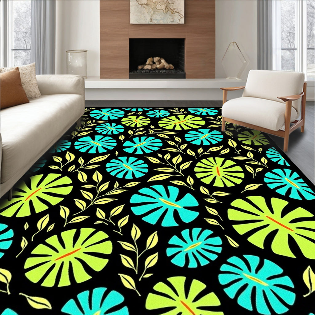 Tropical Bloom Teal Lime Black Rug