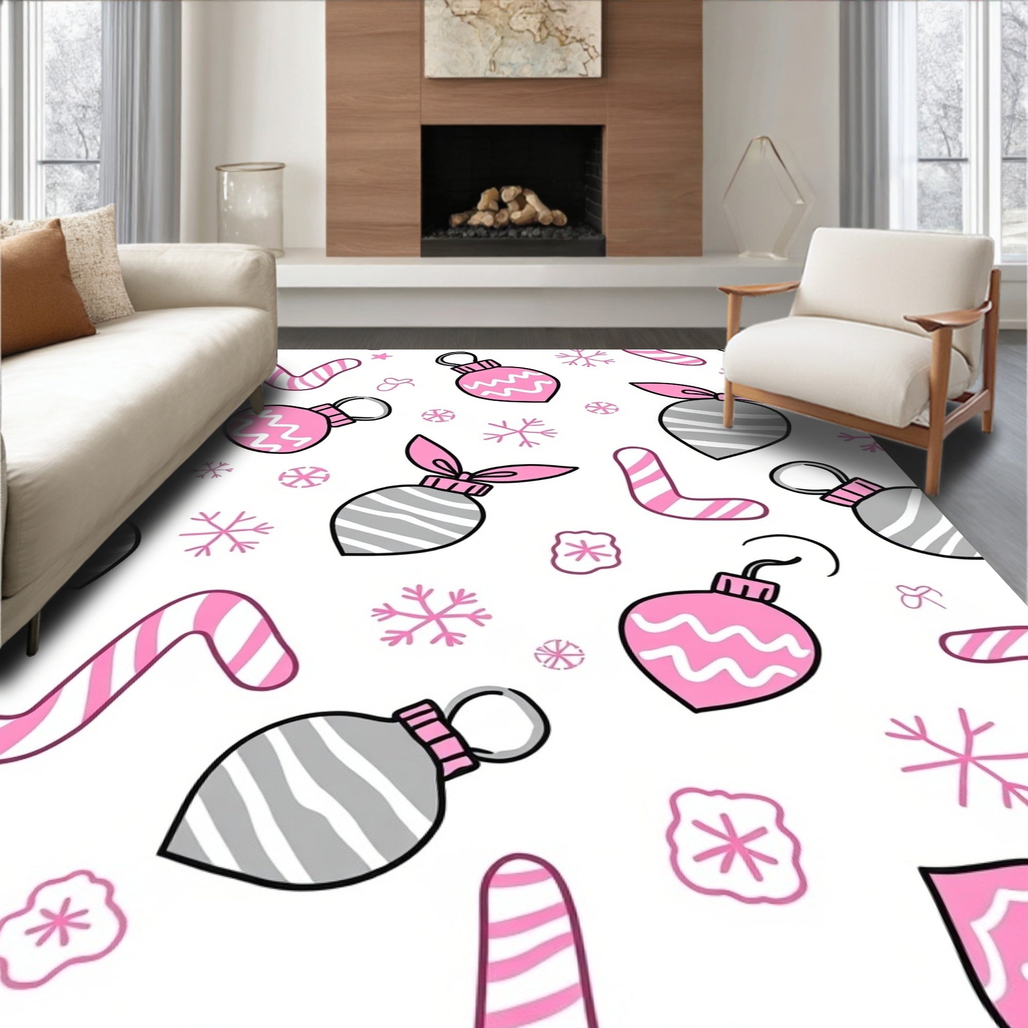 Pink Gray Ornaments Candy Canes Snowflakes Rug
