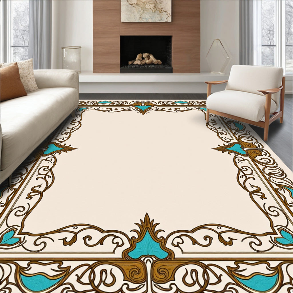 Ornate Teal Gold Scroll Border Rug