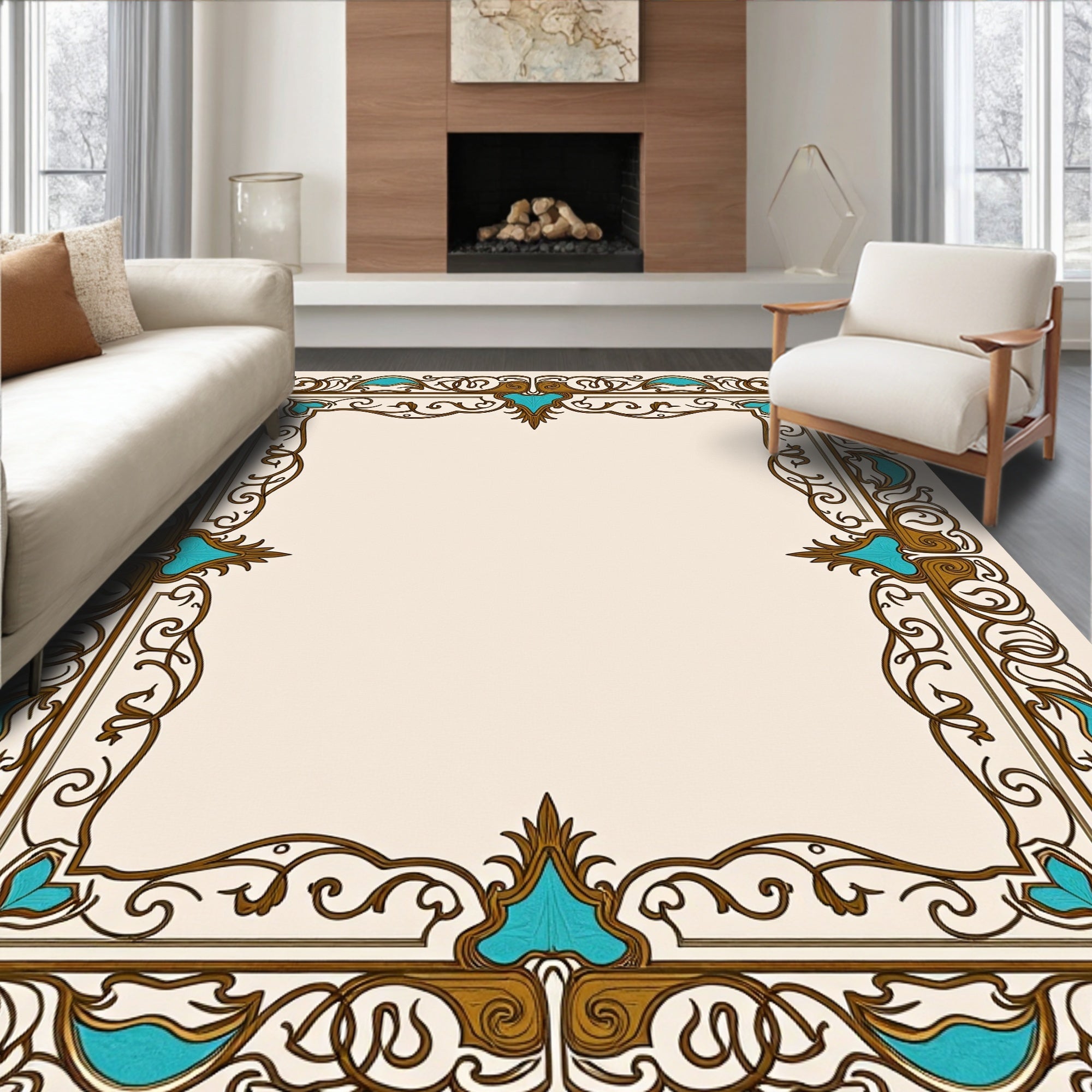 Ornate Teal Gold Scroll Border Rug