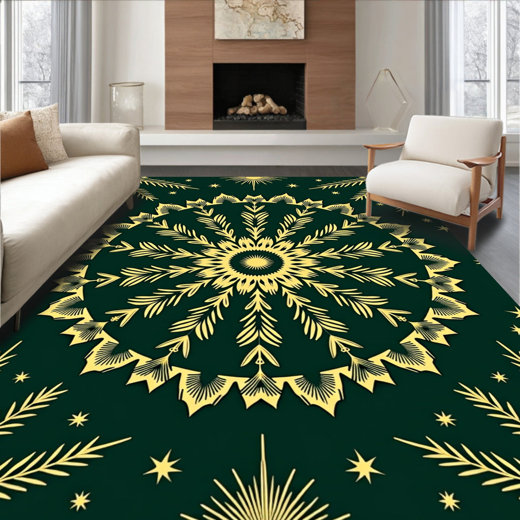 Golden Sunburst Mandala Botanical Pattern Rug