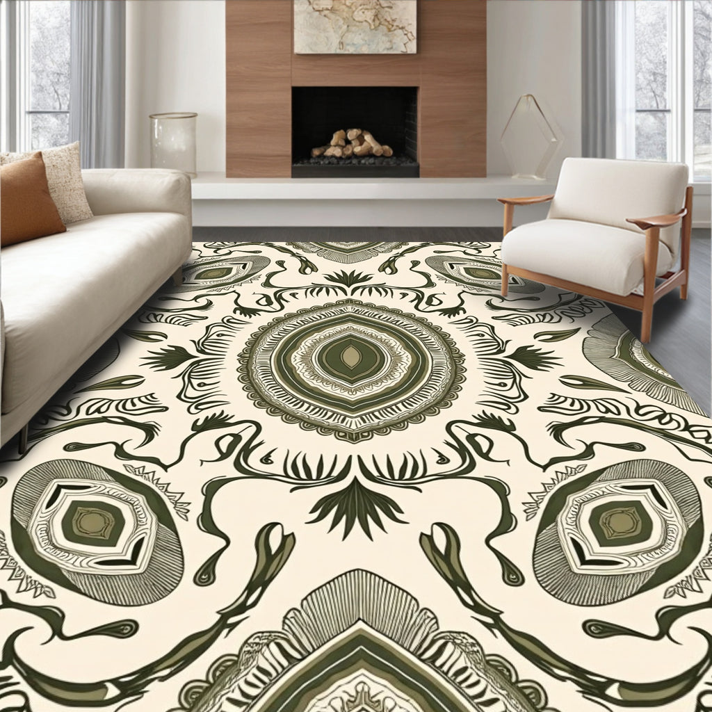 Olive Green Intricate Mandala Pattern Rug