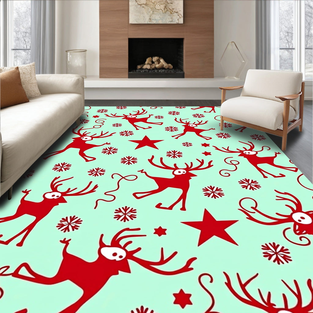 Red Reindeer Snowflake Star Pattern Rug