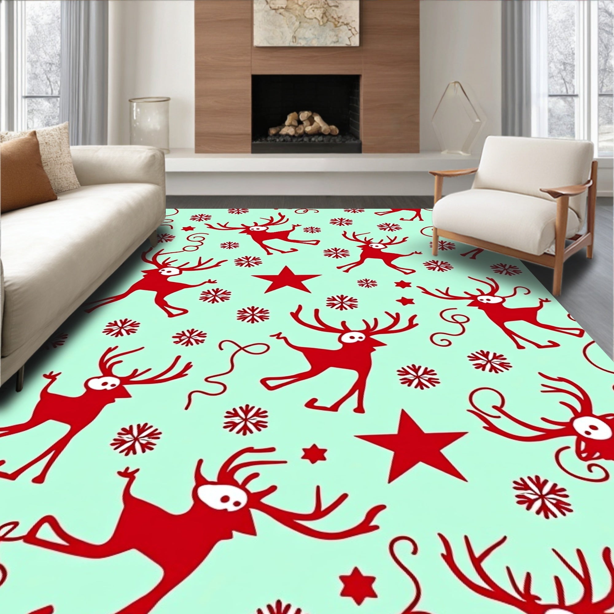 Red Reindeer Snowflake Star Pattern Rug