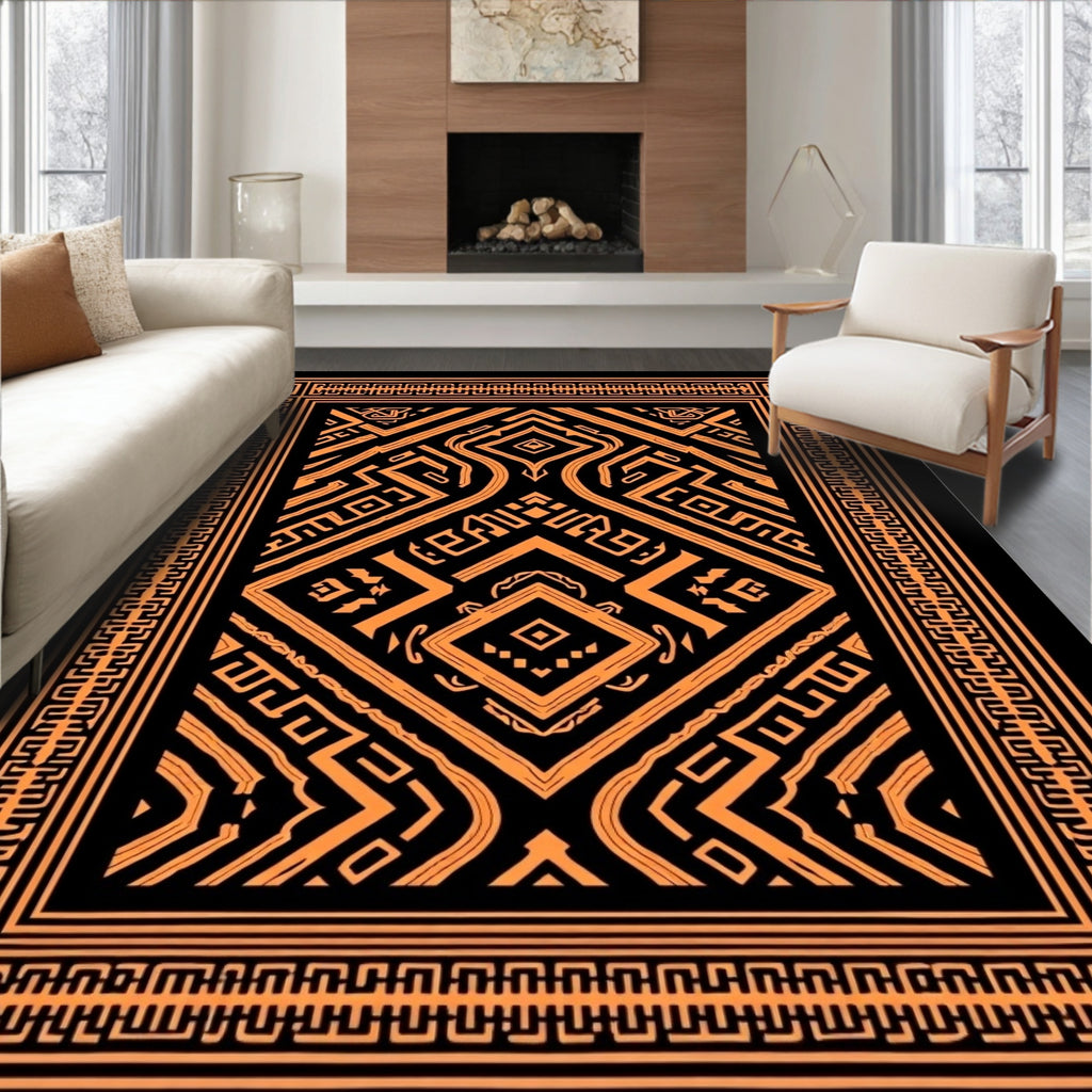 Bold Black Orange Geometric Tribal Rug