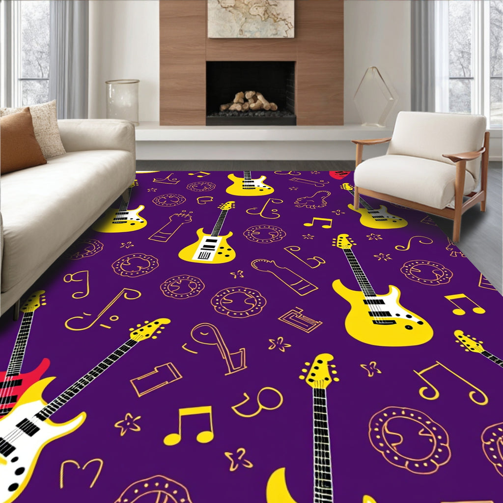 Yellow Electric Guitars Musical Notes Pattern Rug