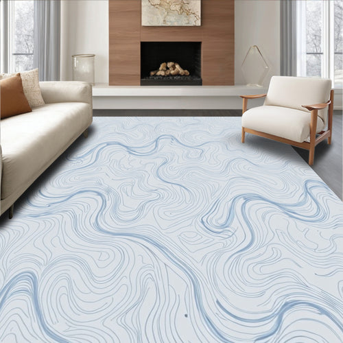 Abstract Blue Wavy Contour Pattern Rug