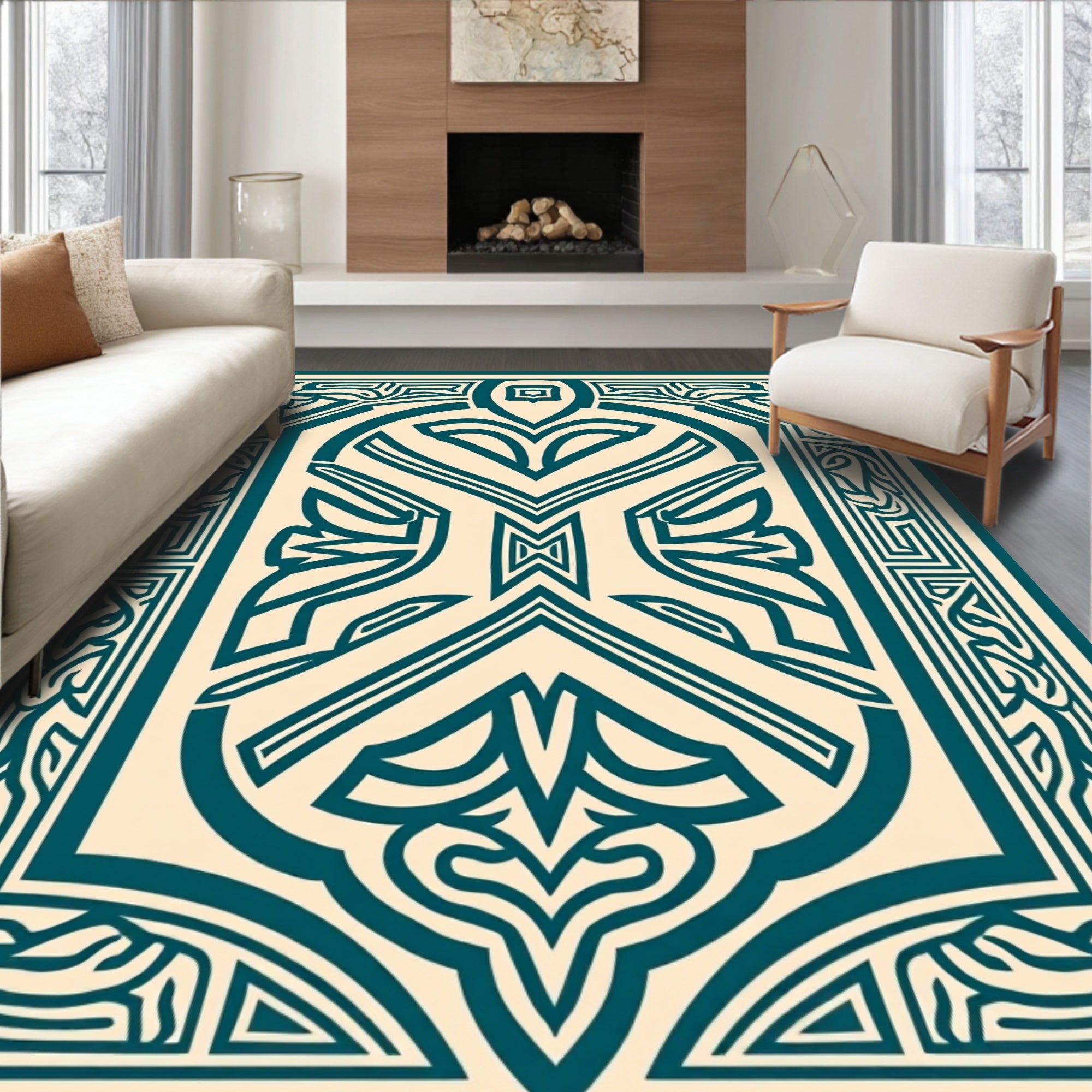Intricate Teal Cream Ornamental Design Rug