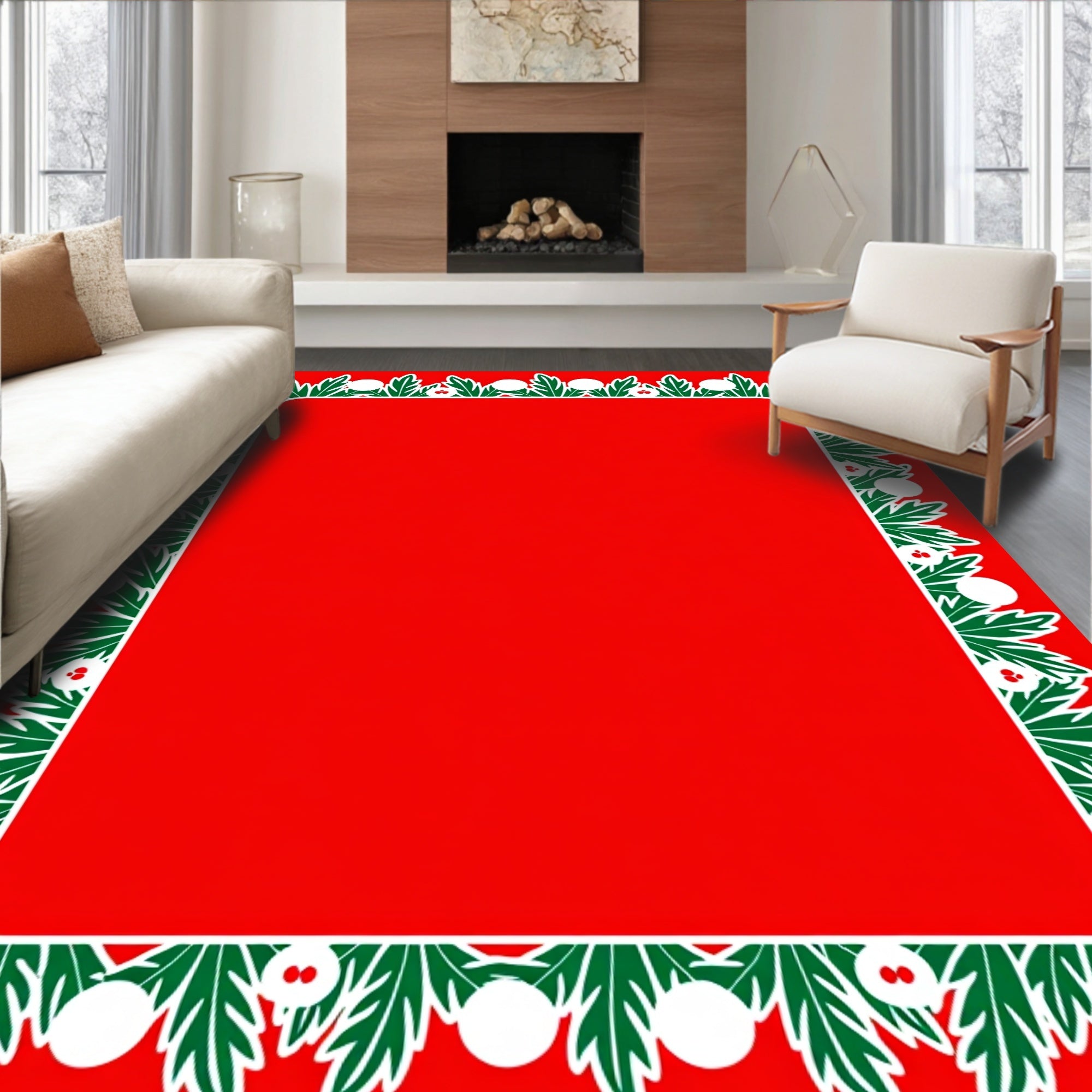 Festive Holly Berries Pine Border Rug