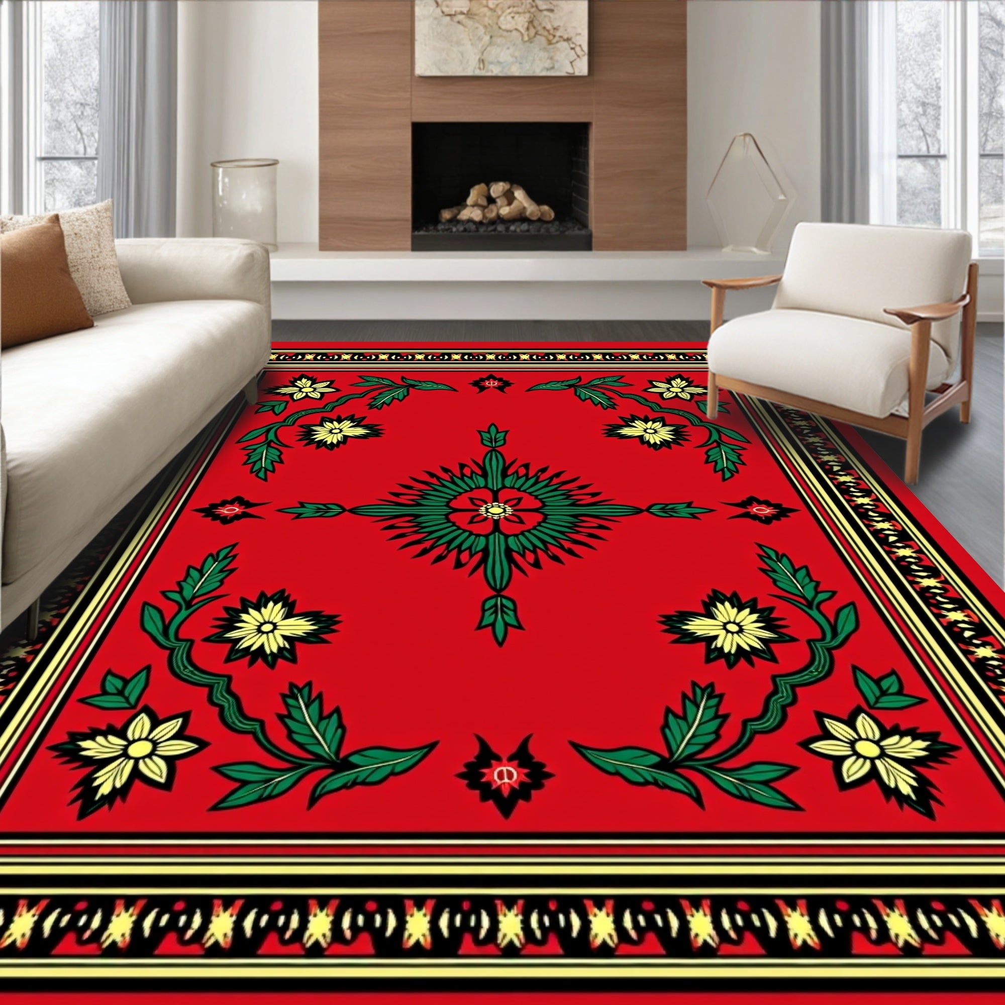 Bold Floral Patterned Red Rug