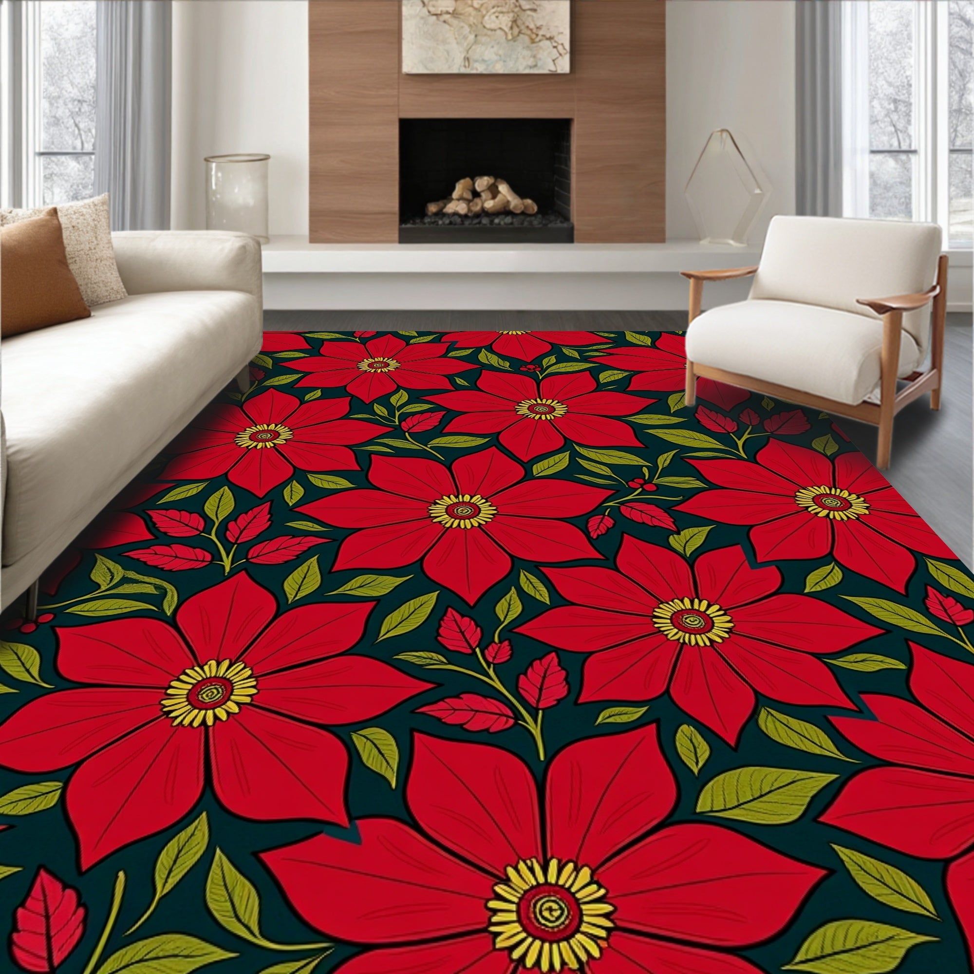 Bold Red Floral Art Nouveau Rug